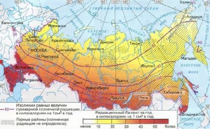 Map of insolation - the solar radiation flux in Russia
