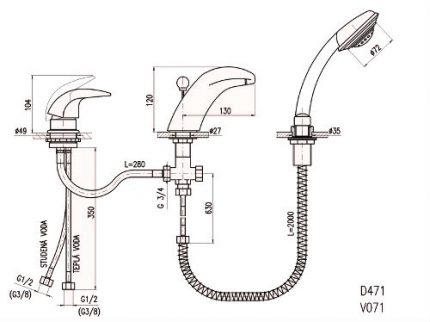 The scheme of the mortise mixer for the bath