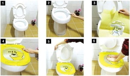 Stages of cleaning the toilet with foil