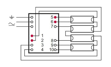 Anslutning av fyra lampor på elektroniska förkopplingsdon
