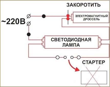 Liuminescencinių lempų pakeitimo diodais schema