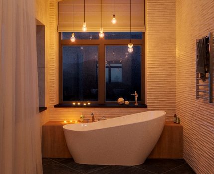 Kaitrinės LED lempos vonios kambario interjere