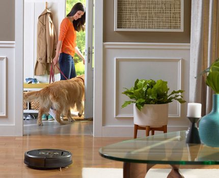 Robot vacuum cleaner in a house with animals