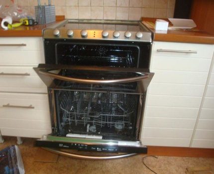Dishwasher with oven and hob in one module