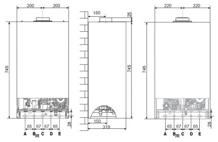 Dimensiones totales para el montaje de la caldera en la pared.