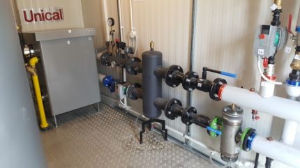 Calderas e hidroshooters en una sala de calderas de gas de un edificio de varias plantas.