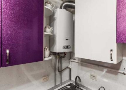 Calentador de agua a gas en la cocina de un departamento de la ciudad