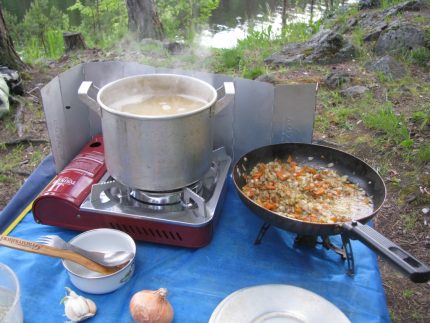Camping cooking on a gas stove