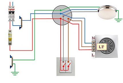 Schema de conectare a unui ventilator cu cronometru la un comutator cu 2 taste